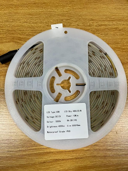 TOPAI 12V COB LED Strip Light Daylight White 5000K Waterproof IP65 480LEDs/M Super Bright 4000Lm CRI>90 16.4ft/5M Dotless High Density Cuttable Flexible for Cabinet Home DIY Lighting Projects