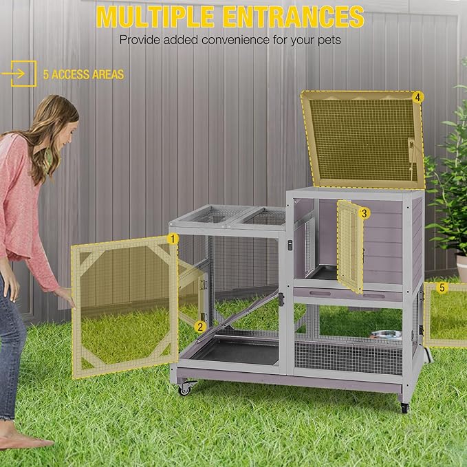 AIVITUVIN 2-Story Rabbit Hutch Indoor for 2-4 Rabbits & Guinea Pigs Wooden Small Animal Cage Guinea with Chew-Proof Design & Slide-Out Trays Bunny Cage with Lockable Wheels-Mewly Pet