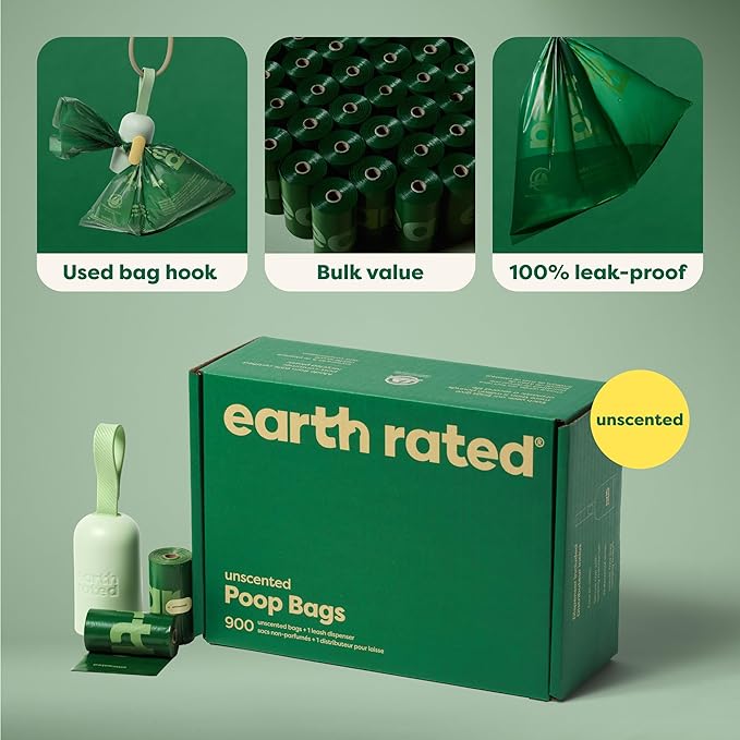 Earth Rated Dog Poop Bag Holder, Durable and Guaranteed Leakproof, Unscented, 1 Dispenser and 900 Bags-Mewly Pet