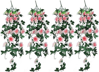 RECUTMS 4PCS Artificial Rose Hanging Flower 32 in Fake Garland for Home Room Garden Wedding Indoor Outdoor Decoration (Champagne)