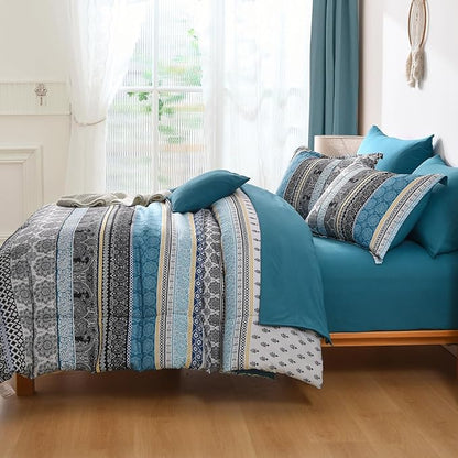Cottolester Teal Comforter Set King Size,Boho Striped Bed in a Bag 8 Pieces,Paisley Soft Microfiber Bedding Comforter Set