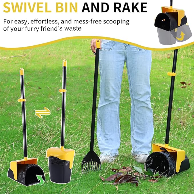 Pooper Scooper Large Swivel Bin & Rake with 160 Waste Bags,Heavy Duty Dog Pooper Scooper with Bag Attachment for Large Small Dogs, Long Handle Poop Scooper with Lid for Yard, Grass, Gravel (Yellow)-Mewly Pet
