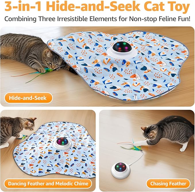 Interactive Cat Toys Rechargeable: Interactive Cats Toy with Chime - Automatic Cat Toys for Indoor Cats, Hide and Seek Toy with Motion, Moving Feather, USB,Blue-Mewly Pet