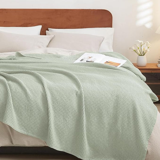 PHF 100% Cotton Waffle Weave Blanket King Size for Bed,Snag Proof Lightweight Breathable Throw for Couch,Great for Layering in Cold Weather,Machine Washable,Home Decor Gift-Sage Green