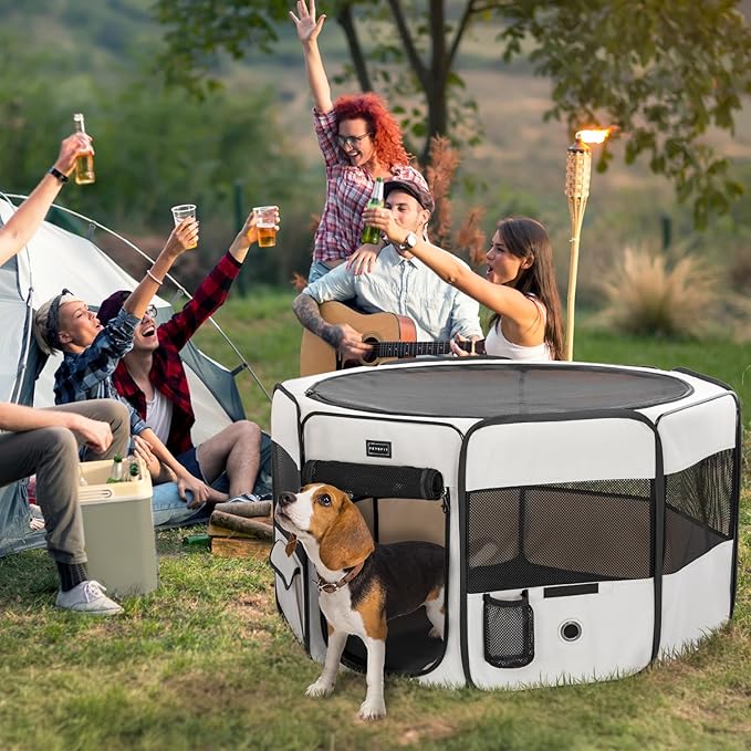 PETSFIT 29" Puppy Playpen with Removable Waterproof Mat & Zippered Roof | RV, Camping, Travel Dog Pen | Indoor/Outdoor Whelping & Cat Observation Space(29.5"x29.5"x16.5"H)-Mewly Pet