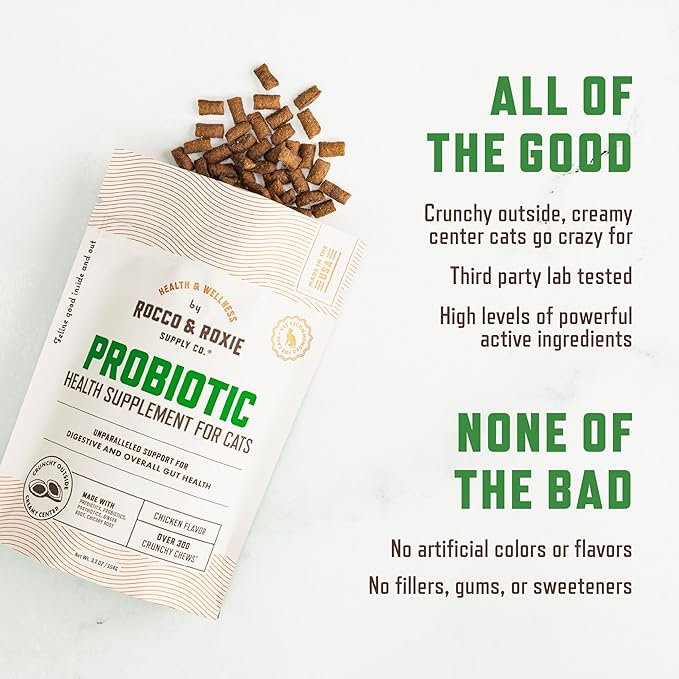 Rocco & Roxie Cat Probiotic Health Supplement for Cats, Prebiotic and Postbiotic for Digestive + Gut Support, Constipation Relief, Anti Diarrhea, Supplements & Vitamins, Chicken Flavored Crunchy Chews-Mewly Pet