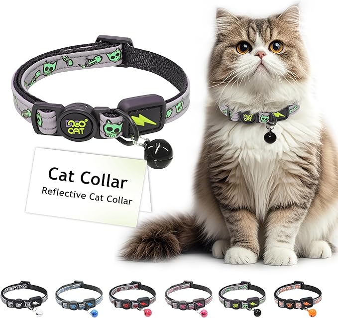 DOCO Cat Collar (Neck Girth - 3/8" x 7.5-12", Weight Upto - 13lb) Reflective Cat Collar with Bell, Breakaway Safety Buckle, Adjustable Nylon Strap for Kittens & Adult Cats (Lime)-Mewly Pet