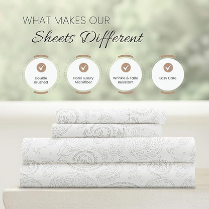 Linen Market Double-Brushed Patterned Microfiber Queen Sheet Set 4 Piece – Oeko-TEX Certified Ultra Soft & Wrinkle-Free - 16" Deep Pocket Sheets - Easy Care Queen Size - Coarse Paisley Light Gray