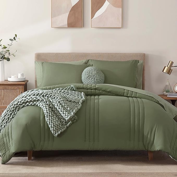Monbix King Size Comforter Set - 7 Pieces Bed in a Bag King, Light Sage Green Bedding Sets with Comforter, All Seasons Down Alternative Comforter Bed Set with Sheets, Pillowcases & Shams