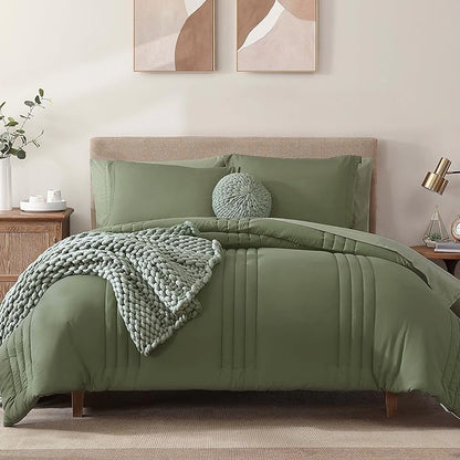 Monbix King Size Comforter Set - 7 Pieces Bed in a Bag King, Light Sage Green Bedding Sets with Comforter, All Seasons Down Alternative Comforter Bed Set with Sheets, Pillowcases & Shams