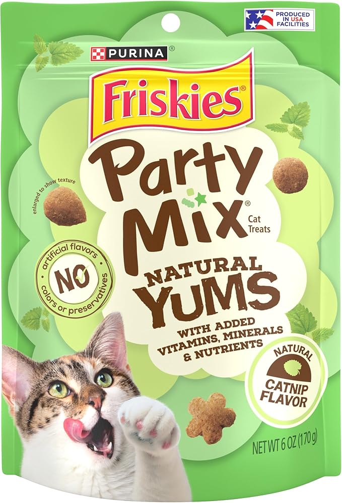 Purina Friskies Made in USA Facilities, Natural Cat Treats, Party Mix Natural Yums Catnip Flavor - (Pack of 6) 6 oz. Pouches-Mewly Pet