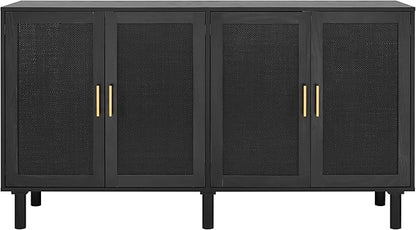 Finnhomy 4 Door Sideboard Buffet Cabinet, Kitchen Storage Buffet with Black Painted Rattan Decorated Doors, Cupboard Console Table, Boho Accent Liquor Cabinet, 62.3X 15.7X 34.6 Inches, Full Black