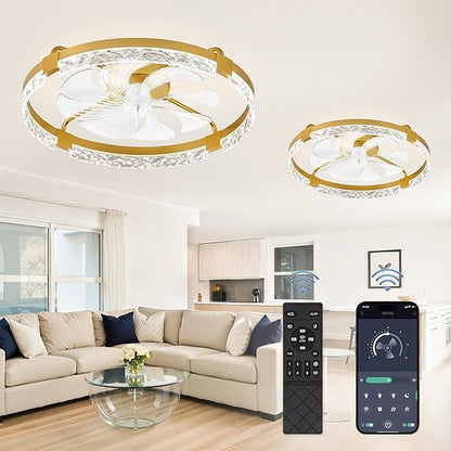 LEDIARY 2 Pack 24 Inch Modern Ceiling Fans with Lights and Remote, Dimmable Flush Mount Ceiling Fan, Gold Low Profile Ceiling Fan with 3 CCT and 6 Speeds