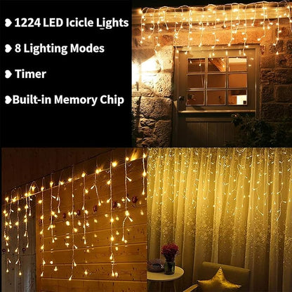 Toodour Christmas Icicle Lights Outdoor, 1224 LED 100ft 8 Modes Fairy Icicle String Light with 204 Drops, Led Christmas Lights Twinkle for Holiday, Party, Wedding, Eaves, Xmas Decorations (Warm White)