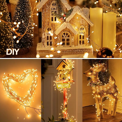 2Pcs Fairy Lights Plug in, 10Ft 200LED Copper Wire Firecracker Firefly Lights Waterproof Cluster String Lights for Ceiling Bedroom Wreath Window Wedding Christmas Tree Decor, Warm White (No Remote)