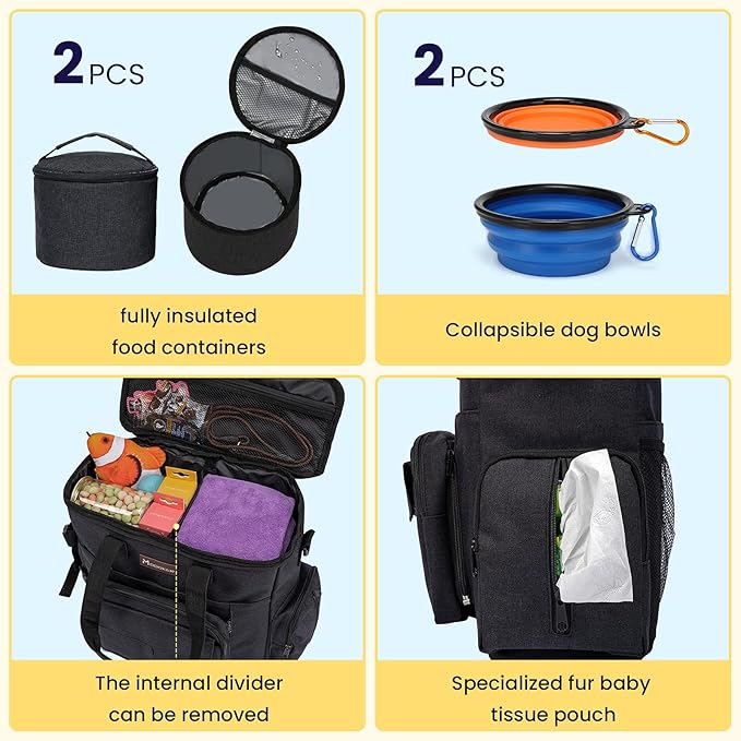 Modoker Dog Travel Bag with 2 Collapsible Dog Bowls, 1 Dog Backpack, Airline Approved Pet Travel BagOrganizer for Supplies & Accessories, 2 Travel Dog Food Container, Black-Mewly Pet