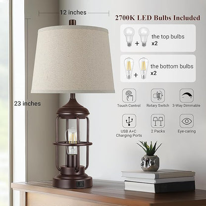 Qimh Table Lamp for Bedroom Set of 2 with USB A+C Ports, Farmhouse Bedside Lamp with Night Light, 3-Way Dimmable Touch Control, Rustic Industrial Nightstand Lamp for Living Room (2700K Bulbs Included)