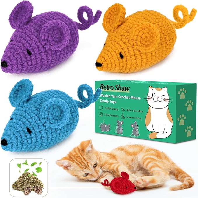 Retro Shaw Catnip Toys Crochet Mice Cat Toys,3 Pcs Yarn Cat Nip Mouse Animals Toy,Safe Teeth Cleaning Toy for Indoor Kittens-Mewly Pet