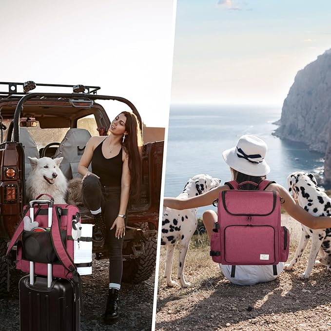 Modoker Dog Travel Bag Backpack, Airline Approved Pet Accessories Organizer for Dog and Cat with Shoulder Strap, 2 Dog Food Storage Containers, 2 Collapsible Dog Bowls,1 Pet Mat, Rose Red-Mewly Pet