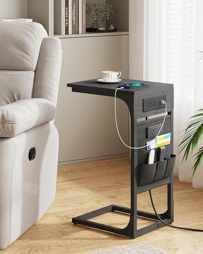 TUTOTAK C Shaped End Table with Charging Station, Side Table for Sofa, Couch Table with Storage Bag, Set of 2, TV Tray Table with 2 USB Ports and Outlets for Living Room, Bedroom, Black TB01BK0242