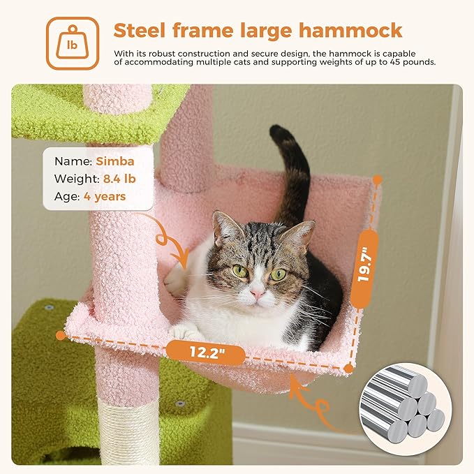 PAWZ Road 70 Inch Cat Tower, Pink Cat Tree with 2 Cozy Condos, 2 Plush Perch, Large Basket, 2 Scraching Pad & 6 Scraching Posts for Indoor Cats Large Adult-Mewly Pet
