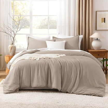 Litanika Light Coffee Oversized King Comforters Super King Size, 3 Pieces Lightweight Solid Bedding Comforter Set, All Season Fluffy Bed Set (120x120In Comforter & 2 Pillowcases)