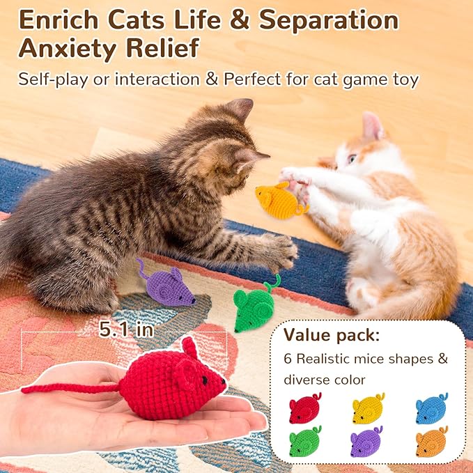 Retro Shaw Catnip Toys Crochet Mouse, 6 Pcs Yarn Cat Nip Mice Safe Teeth Cleaning Chew Toy for Indoor Kittens Kitty, Interactive Catnip Cat Kicker Toys-Mewly Pet