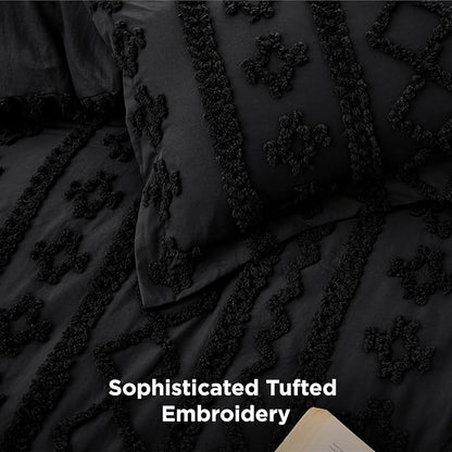 Bedsure Tufted Boho Comforter Set King Size - Black Boho Bed Set, GentleSoft™ 3 Pieces Farmhouse Shabby Chic Embroidery Bedding, Gifts for Woman, Soft Jacquard King Comforter for All Seasons