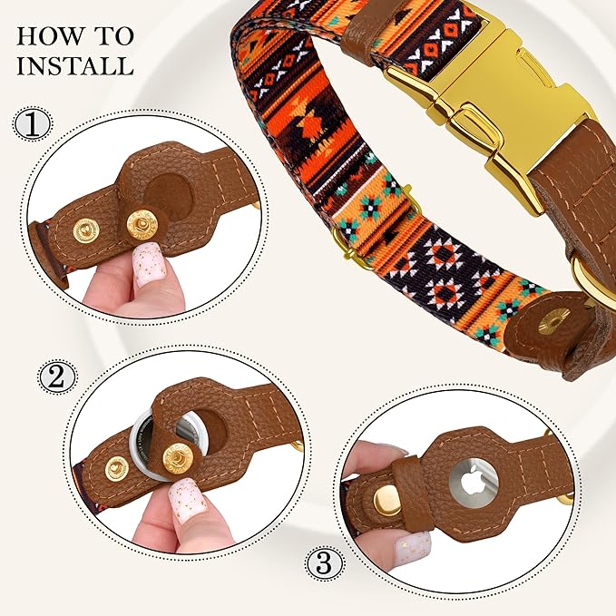 AirTag Dog Collar for Small Medium Large Breed - Adjustable Cute Pattern Dog Collar with Airtag Holder - Soft Leather Tracker GPS Apple Air Tag Pet Collars (Medium, 14"-18" Neck Fit, Western)-Mewly Pet