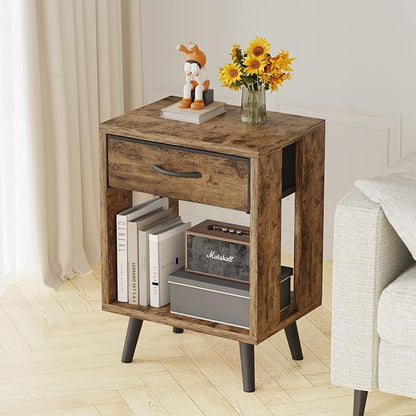 GYIIYUO Nightstands Set of 2 with Fabric Storage Drawer and Open Wood Shelf, Side Table with Storage for Bedroom, Night Stand with Drawer for Bedroom, Bedside Tables - 15.8" D x14 W Rustic Brown