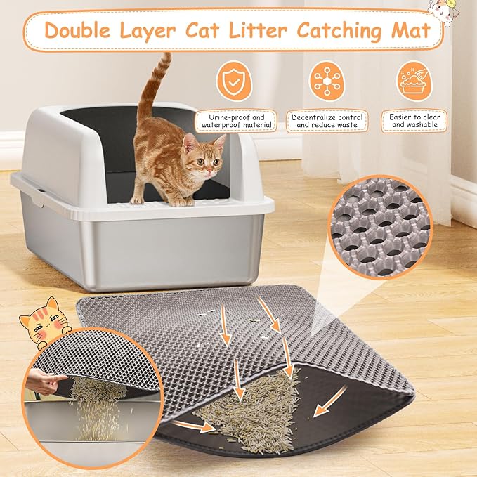 Stainless Steel Litter Box with Lid, Metal Litter Box with Cat Litter Mat,Extra Large Enclosed Cat Litter Boxes for Multiple Cats, Anti-Leakage,Non-Stick, Easy to Clean, Included Mat, Scoop-Mewly Pet
