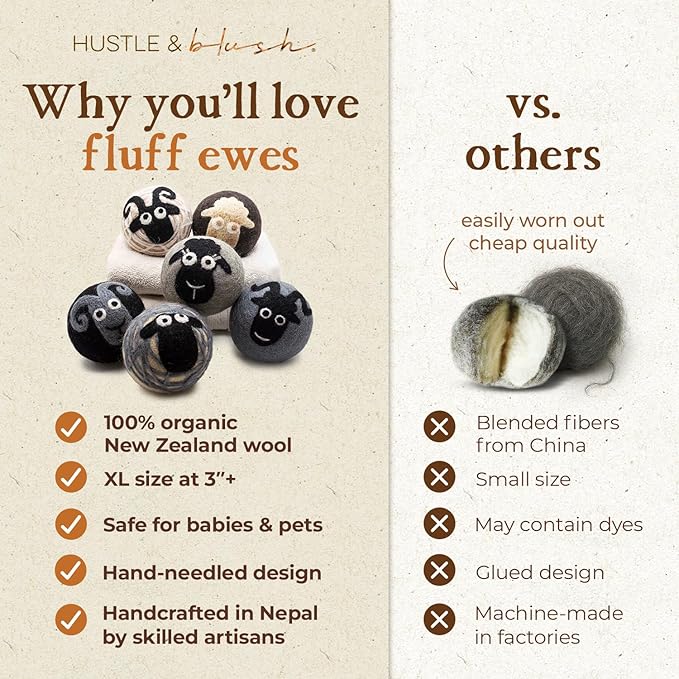 Fluff Ewes Wool Dryer Balls 6 Pack Premium New Zealand Wool Laundry Balls for Dryer, No Static Dryer Balls Laundry Reusable, XL Wool Dryer Balls Cute, Baby Dryer Balls for Dryers - Classic-Mewly Pet