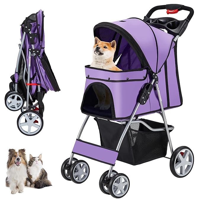 4 Wheels Pet Stroller for Small Medium Dogs Cats 10-33 lbs, Foldable Dog and Cat Stroller with Cup Holder & Storage Basket & Breathable Mesh, Pet Strolling Cart for All-Season, Purple-Mewly Pet