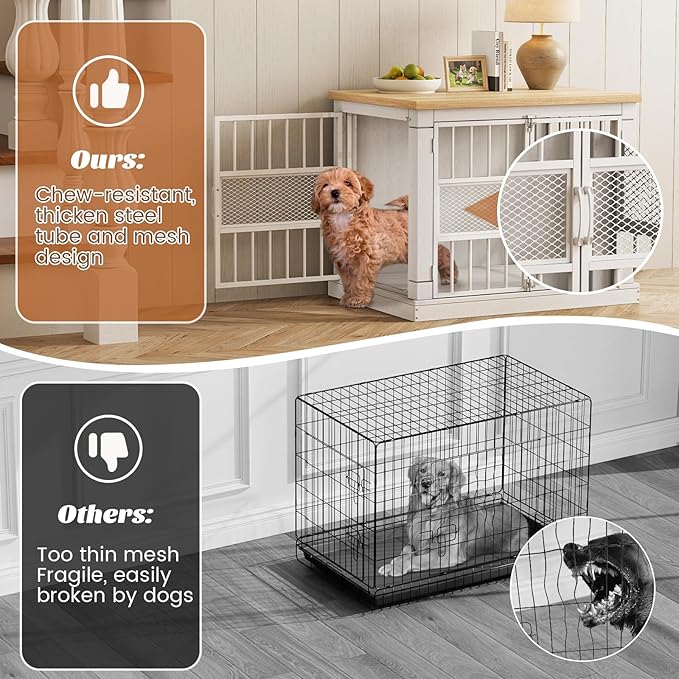 VOPEAK 27.5" Dog Crate Furniture, Chew Resistant Dog Crate for Small Dogs Puppy, Heavy Duty Dog Crates Dog Kennel Cage Indoor with Double Doors, Wooden End Table for Bedroom Living Room, White-Mewly Pet
