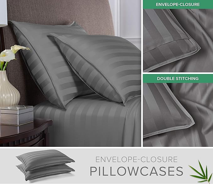 Queen Sheets by Pure Bamboo, Genuine 100% Organic Viscose Derived from Bamboo Bed Sheet Set, Luxuriously Soft & Cooling, Double Stitching, Lifetime Quality Promise (Queen, Jacquard Stone)