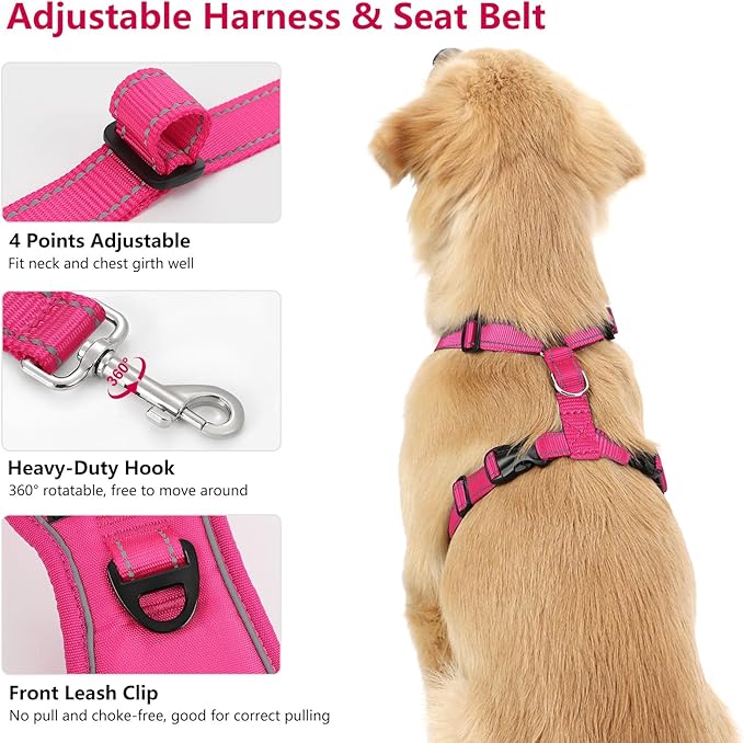 Dog Seat Belt Harness for Car, Dog Car Harness Adjustable Mesh Breathable & Dog Seatbelt Safety Tether with Elastic Bungee for Small Medium Large Pets(Rose, M)-Mewly Pet
