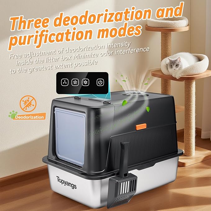 Odor-Control Stainless Steel Litter Box, 135° Flip-Top Metal Cat Litter Box with Electric Deodorization, Enclosed High Sided Litter Pan, Breeze Litter Box System, Anti-Urine Leakage-Mewly Pet