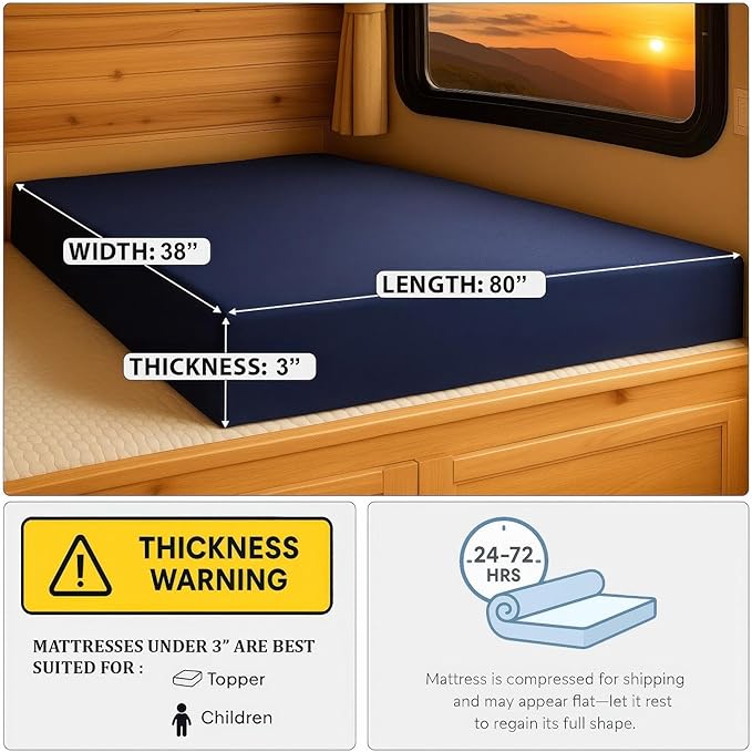 Foamma 3” x 38” x 80” Water Resistant Gel Memory Foam RV Bunk Mattress, Firm High Density Foam Base, Comfortable and Durable Polyester Cover, Truck, Camper, Travel Trailer, Made in USA