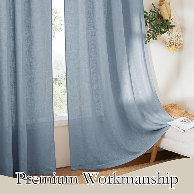 RYB HOME Linen Texture Curtains for Short Window Treatments, Semi Transparent Breathable Fabric Lightweight for Kitchen Bathroom Bedroom, W 52 x L 36 inches, Dusty Blue, 2 Panels