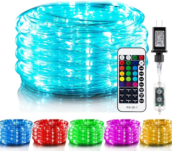 Minetom Color Changing Rope Lights Outdoor, 33FT 100 LED String Lights with Plug & Remote, Waterproof Christmas Light Outdoor Decoration, Twinkle Rope Light for Outside Indoor Bedroom,16 Colors