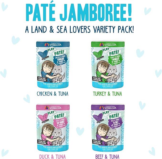 Weruva B.F.F. Play - Best Feline Friend Paté Lovers, Aw Yeah!, Paté Jamboree! Variety Pack, 3oz Pouch (Pack of 12)-Mewly Pet