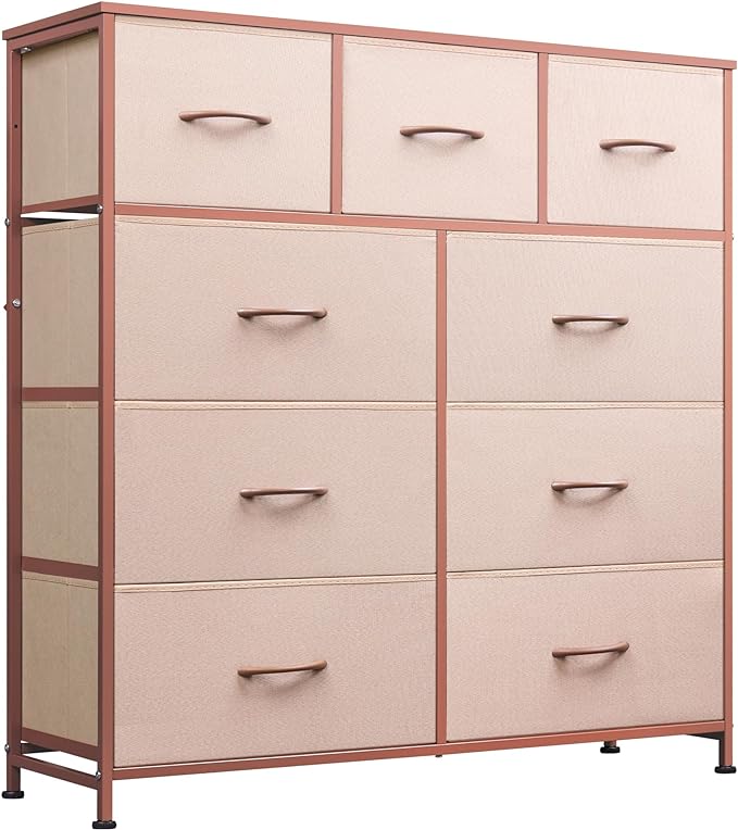 WLIVE 9-Drawer Dresser, Fabric Storage Tower for Bedroom, Hallway, Entryway, Closet, Tall Chest Organizer Unit with Fabric Bins, Steel Frame, Wood Top, Easy Pull Handle, Pink