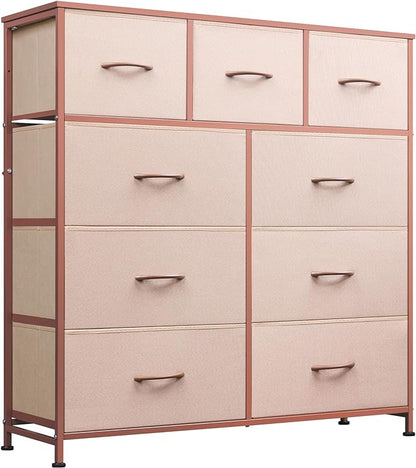 WLIVE 9-Drawer Dresser, Fabric Storage Tower for Bedroom, Hallway, Entryway, Closet, Tall Chest Organizer Unit with Fabric Bins, Steel Frame, Wood Top, Easy Pull Handle, Pink