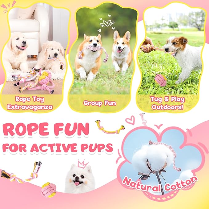 KIPRITII 25-Pack Pink Dreamy Dog Toy Set for Small Female Puppies - Includes Sweet Rope Toys, Chew Toys, Cute No-Stuffing Squeaky Dog Toy for Boredom and Teething-Mewly Pet