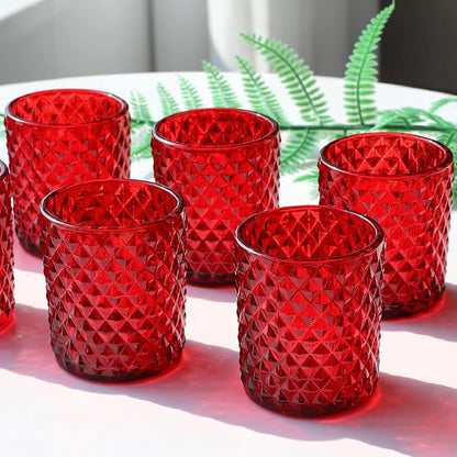 Woho Red Votive Candle Holders Bulk Set of 12, Glass Tea Lights Candle Holder for Wedding Table Centerpiece, Studded Diamond Tealight Candle Holder for Christmas Party Holiday Home Decor