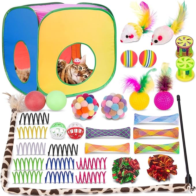 Retro Shaw 33Pcs Cat Toys for Large Cats, Interactive Kitten Toys for Indoor Cats Kitty with Collapsible Game Tunnel Tube Tent Feather Wand Teaser Bell Fuzzy Ball Springs Mouse Toys-Mewly Pet