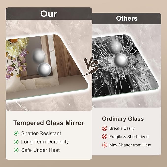 36''x24'' Lighted Mirrors for Bathroom Wall Backlit Rectangular Rounded Corners, LED Bathroom Mirror Frameless with Lights Anti Fog, Dimmable, 3 Colors,Tempered Glass, Shatter-Proof (Color 2)