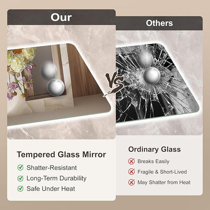 36''x24'' Lighted Mirrors for Bathroom Wall Backlit Rectangular Rounded Corners, LED Bathroom Mirror Frameless with Lights Anti Fog, Dimmable, 3 Colors,Tempered Glass, Shatter-Proof (Color 2)