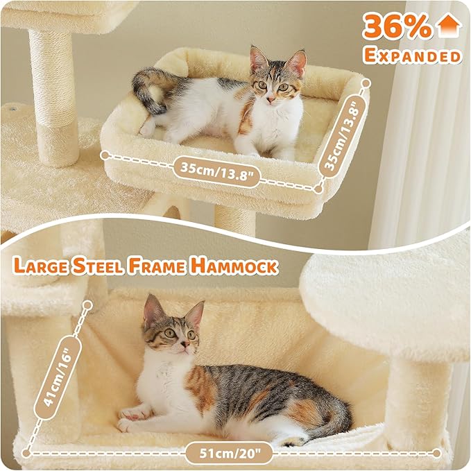 PAWZ Road Heavy Duty Cat Tree for Large Cats, 81 Inches Tall Cat Tower with 2 Perches, 2 Condos and Spacious Hammock, XL Extra Large Condo with 7 Scratching Posts for 20lb+ Adult Cats,Beige-Mewly Pet