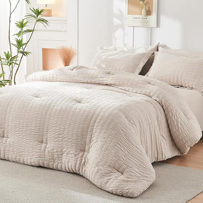 HYMOKEGE Beige California King Comforter Set Seersucker 7 Pieces, All Season Luxury Bed in a Bag for Bedroom, Bedding Set with Comforters, Sheets, Pillowcases & Shams